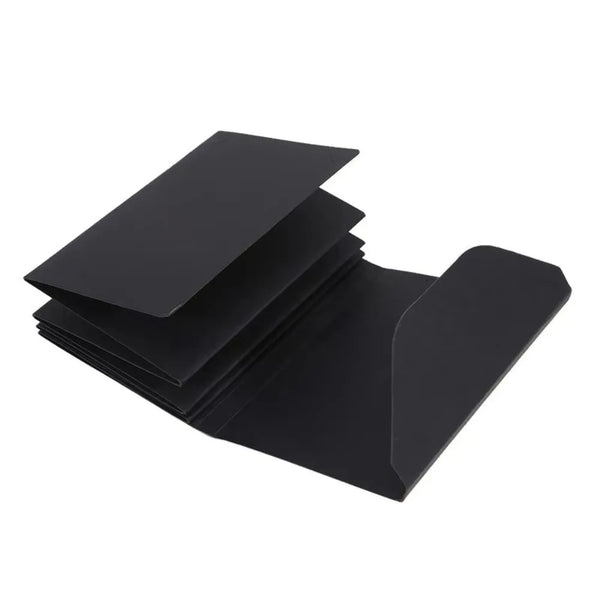 Black accordion folding photo album displayed at an angle.
