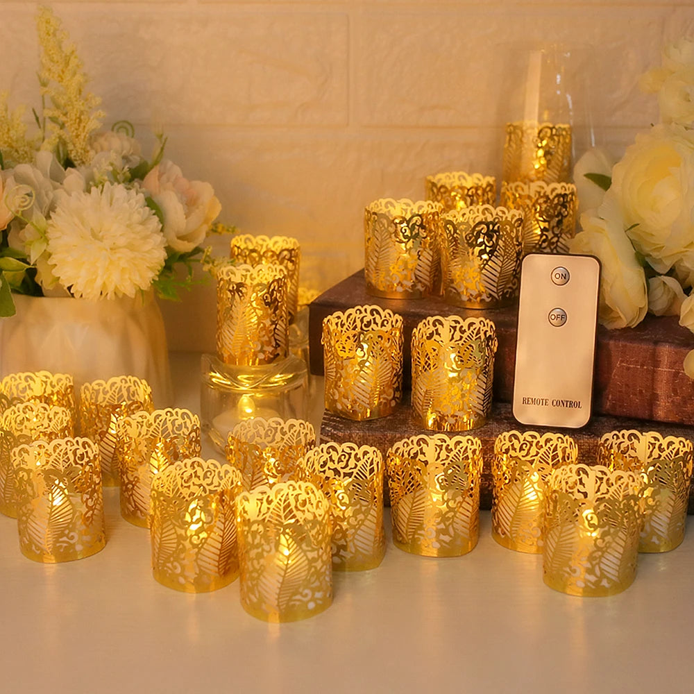 A collection of gold-colored, decorative paper lampshade tea light candles arranged on a wooden surface.