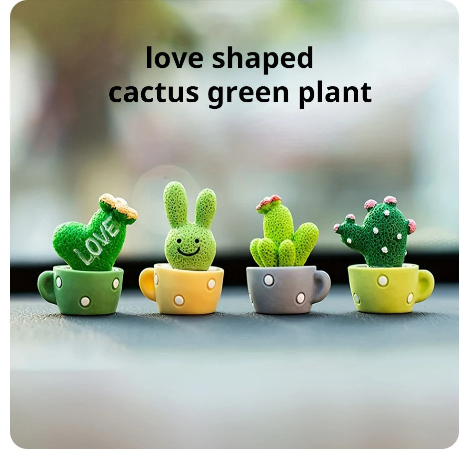 A set of four green resin cactus plants shaped like animals sitting in yellow and gray mugs for home decor.