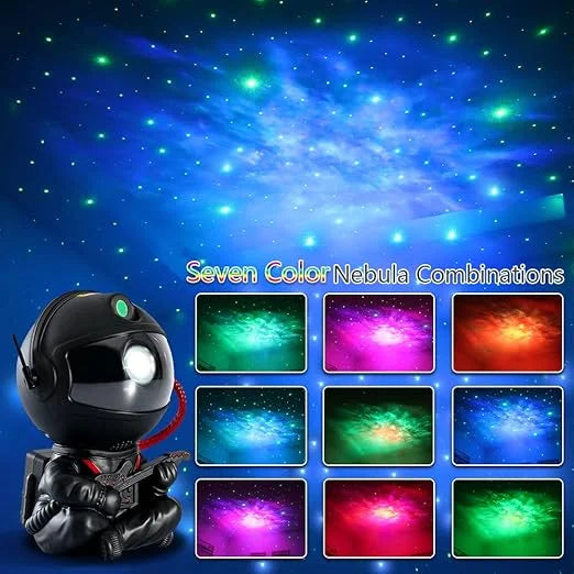 A black astronaut figure is shown next to seven color nebula combinations displayed in square panels.