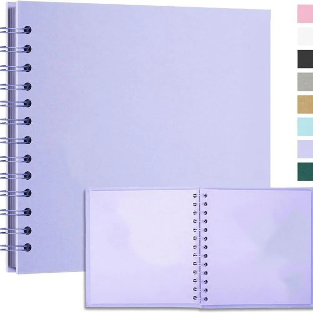 A light purple handmade kraft paper scrapbook with a spiral binding and a color palette swatch on the right.