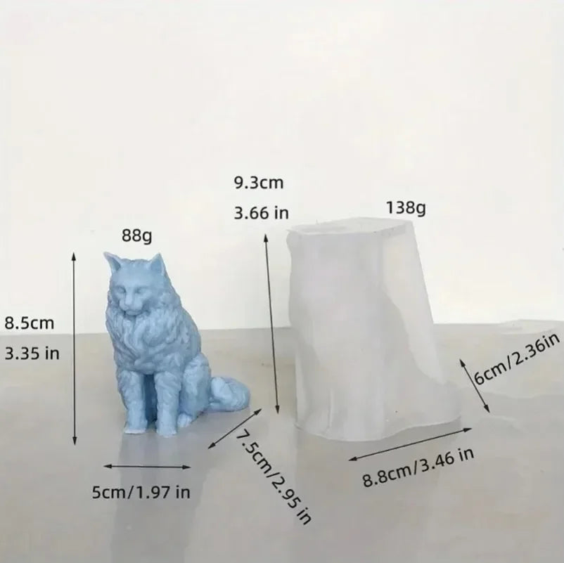 A light blue silicone mold shaped like a cat, next to its corresponding white cylindrical piece.
