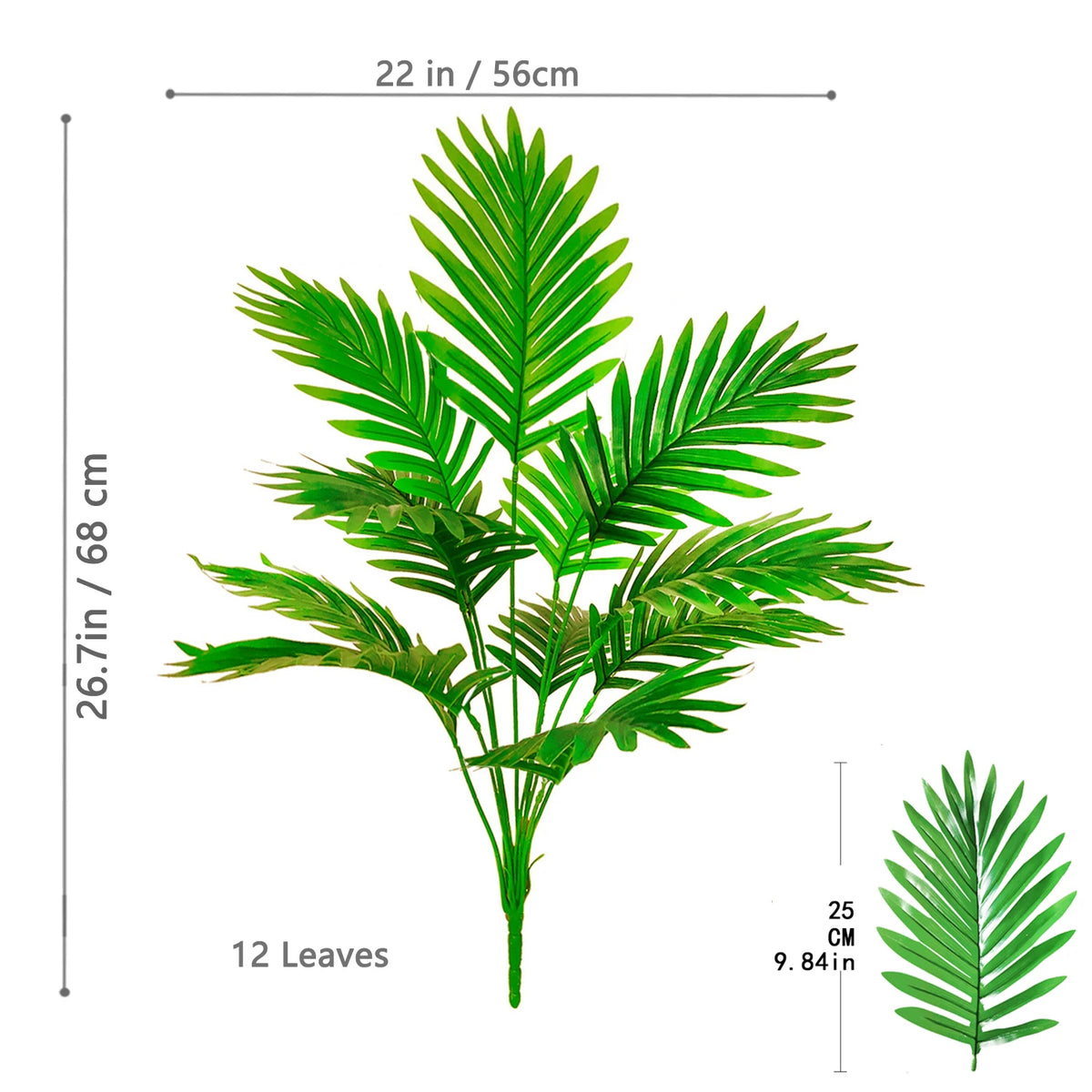 A realistic artificial palm tree featuring vibrant green silk leaves.
