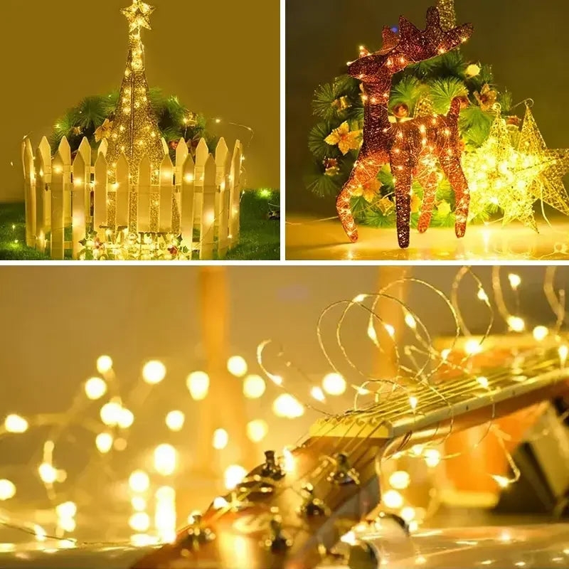 Close-up of a guitar neck decorated with warm fairy string lights and bokeh background.