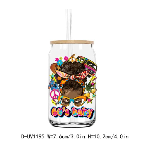 A clear tumbler with a wooden lid featuring a graphic design of an afro girl and the text Sixty's baby