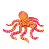 An articulated 3D printed octopus figurine with bright orange and pink tentacles.