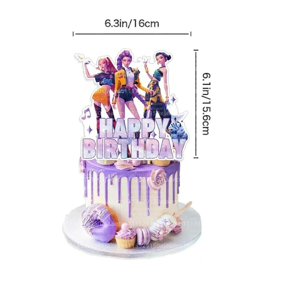 A set of anime hunter girl cake toppers featuring three female figures in colorful outfits and a birthday message