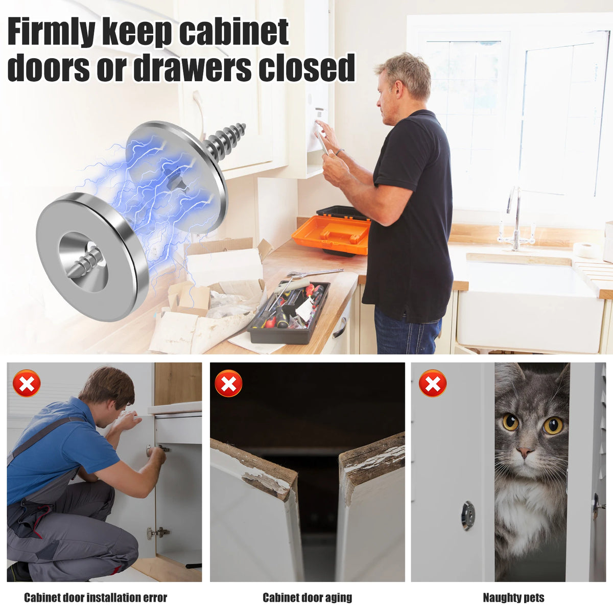 Diagram showing proper cabinet door installation and common errors like door aging and naughty pets.