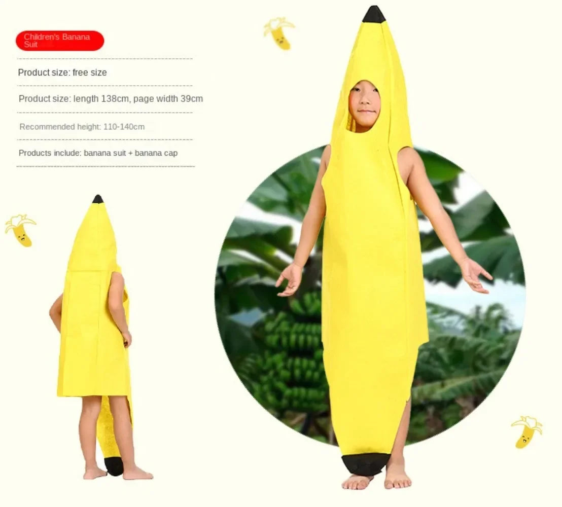 A child wearing a yellow banana suit costume standing outdoors.
