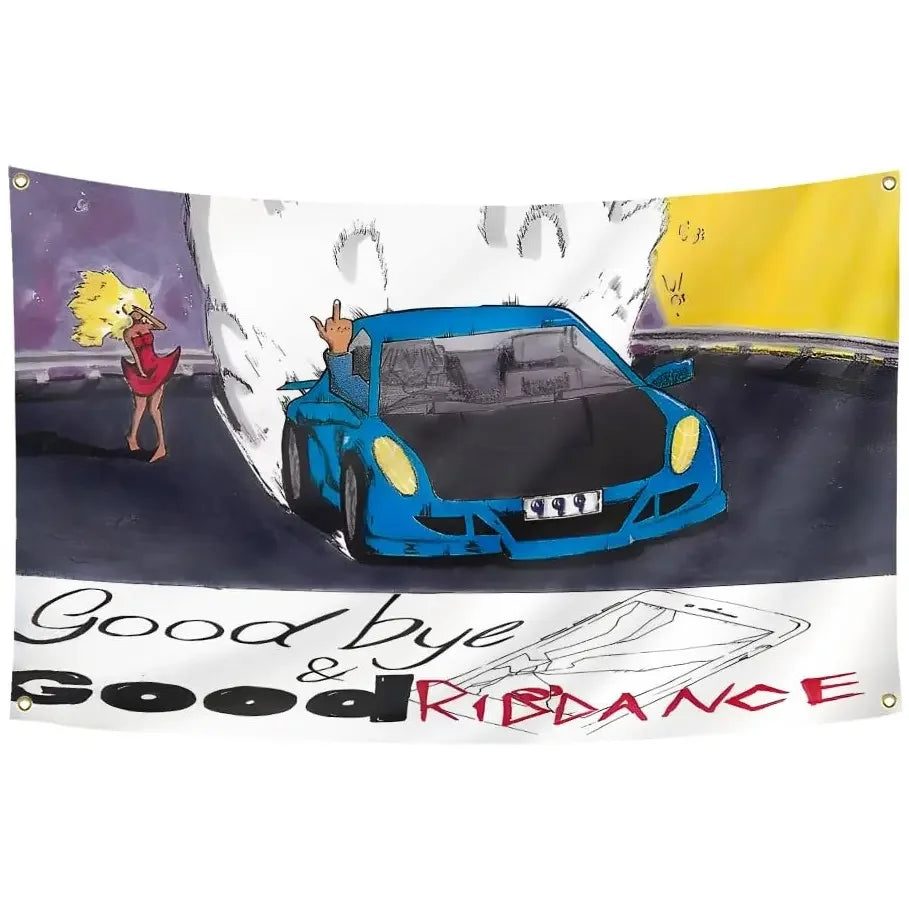 A tapestry featuring a stylized blue sports car driving across a dark road with text reading Good bye & Good Riddance