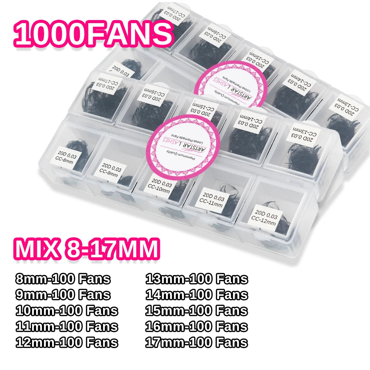 Una caja de plástico transparente con variaciones de tamaño de extensiones de pestañas para diferentes grosores.