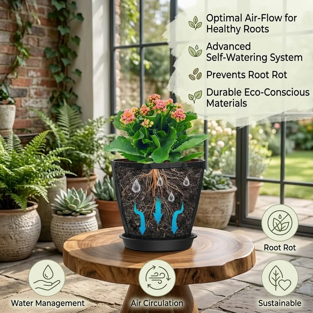 A set of six round plastic plant pots with drainage saucers displayed on a wooden table.