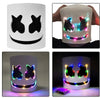 A white glow neon LED party mask with a cat face design showing various flashing light modes.