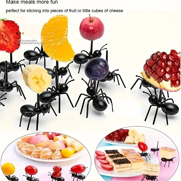 Reusable ant-shaped plastic toothpicks and fruit forks used for serving party snacks