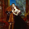 A painting depicting a man and a woman in historical attire standing by a window at night.