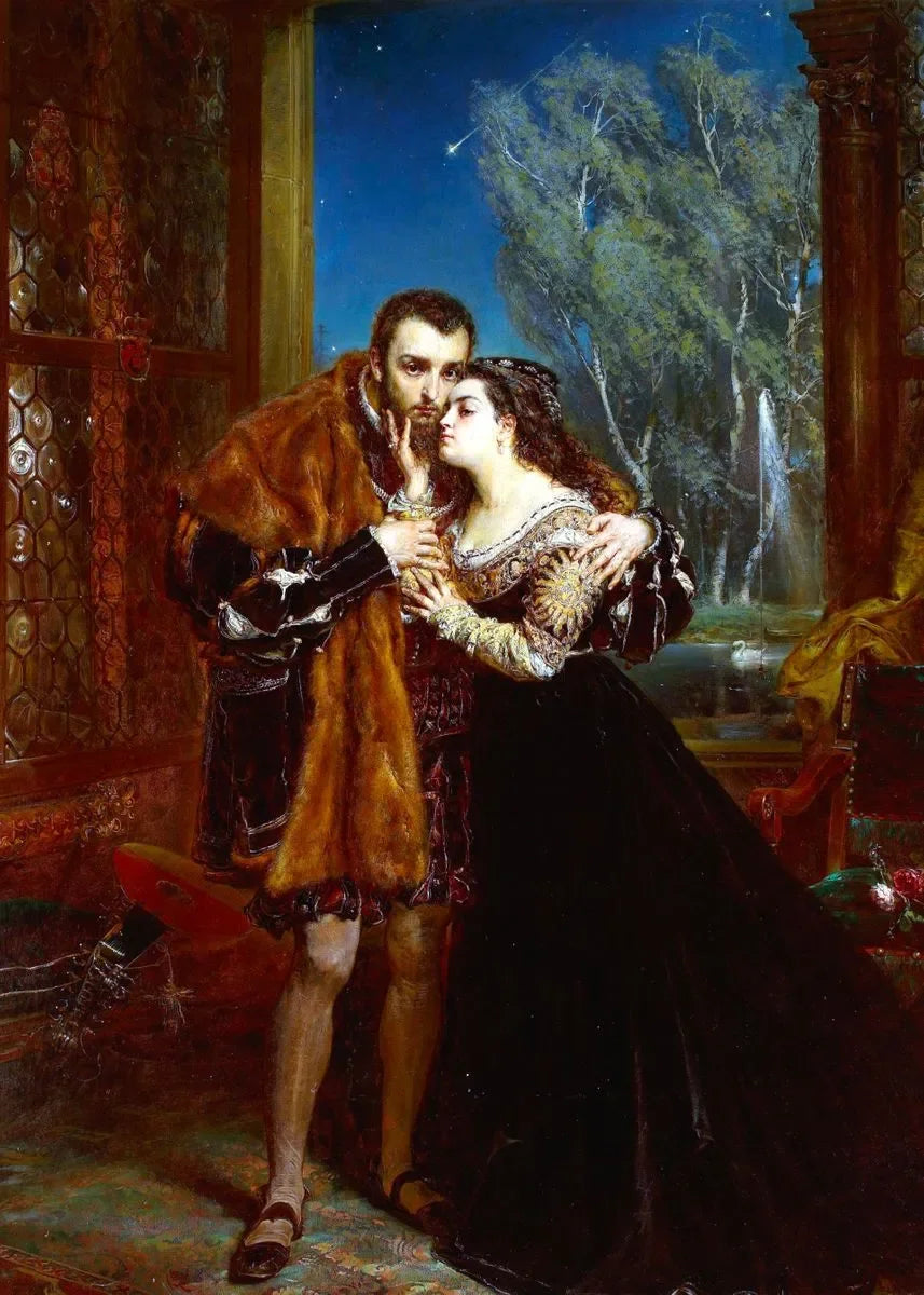A painting depicting a man and a woman in historical attire standing by a window at night.