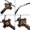 Wooden St. Benedict crucifix rosary with a rearview mirror hanger on a black cord.