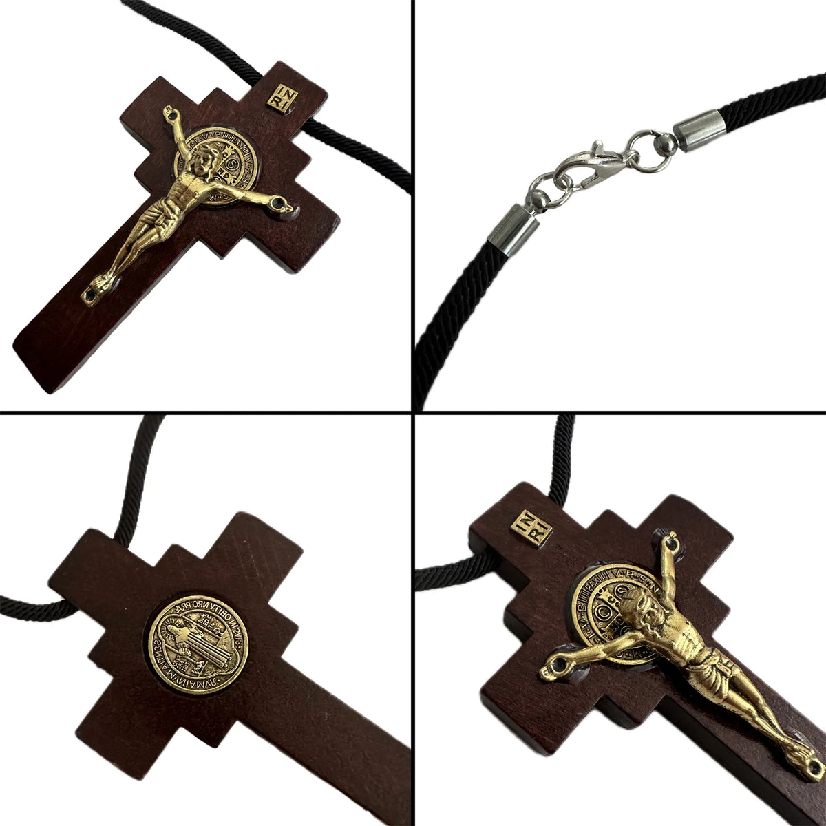 Wooden St. Benedict crucifix rosary with a rearview mirror hanger on a black cord.
