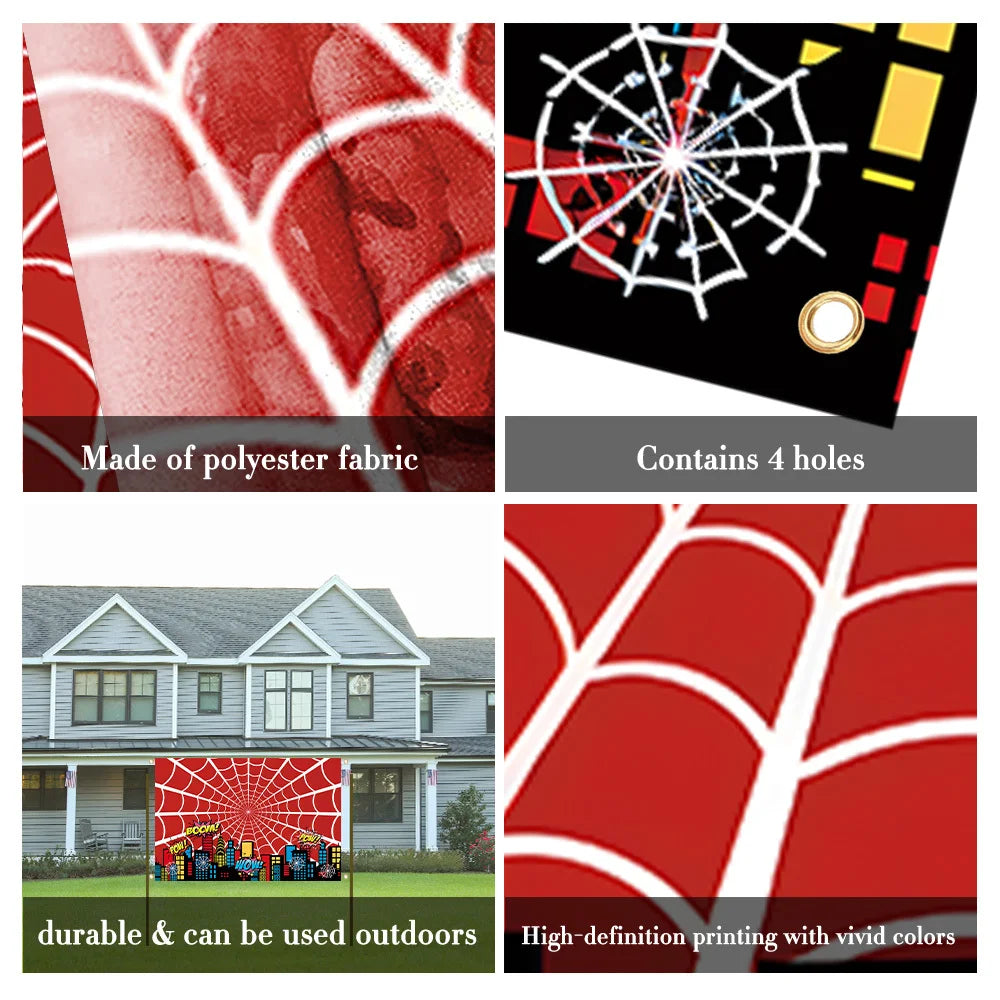 A red and white spider web banner for a birthday party, featuring a city skyline design.