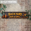 A vintage metal sign with the text BACKYARD BAR & GRILL and WELCOME GOOD TIME mounted on a brick wall.