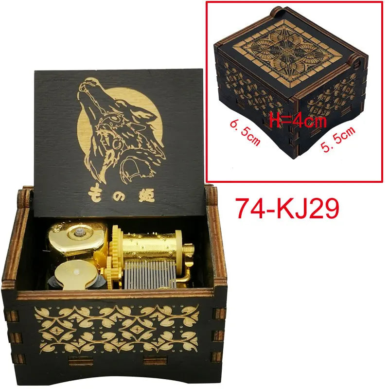A wooden box containing a brass music box with a lion design and decorative patterns.