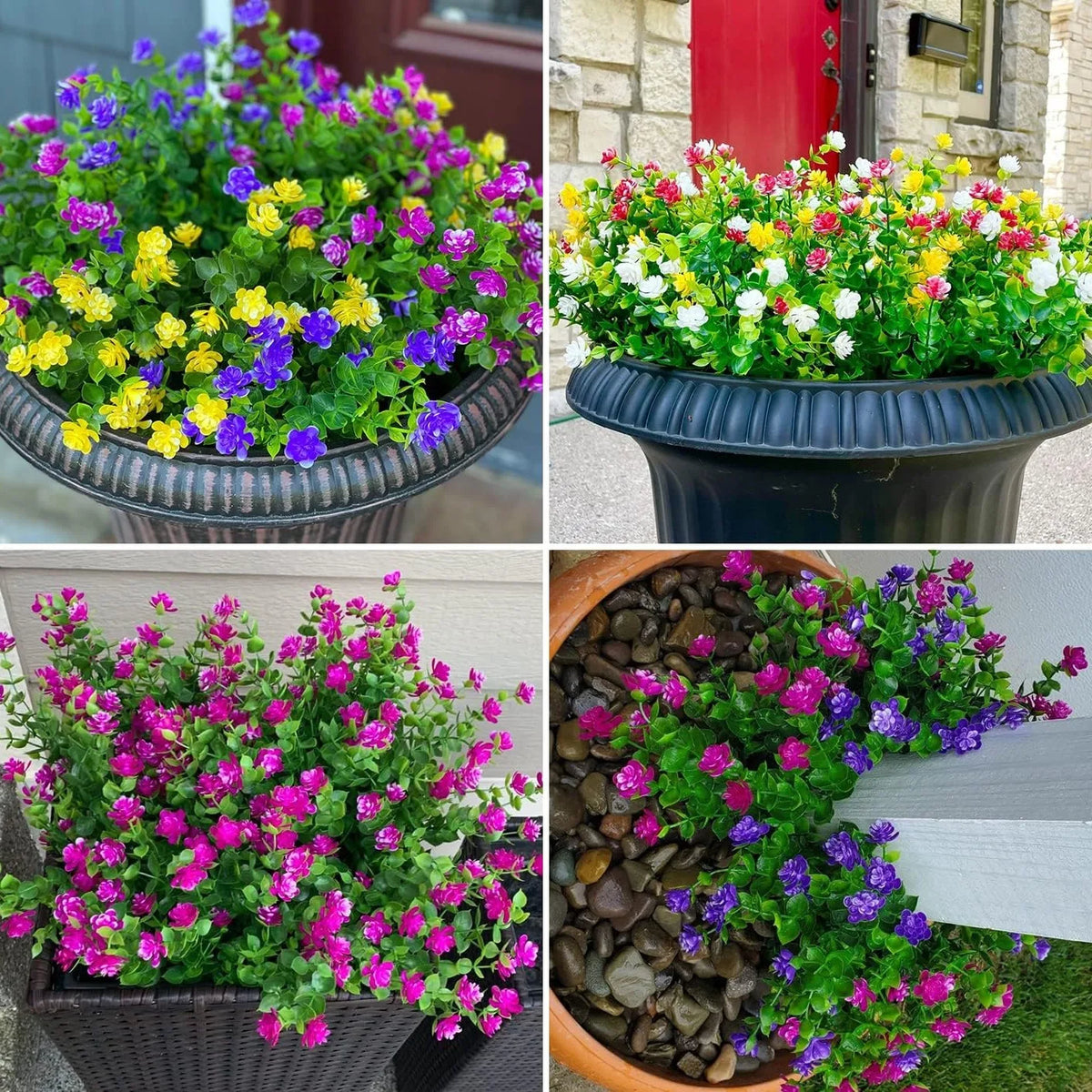 A collection of vibrant faux floral plants in various colors including purple, yellow, pink, and green displayed in pots for 