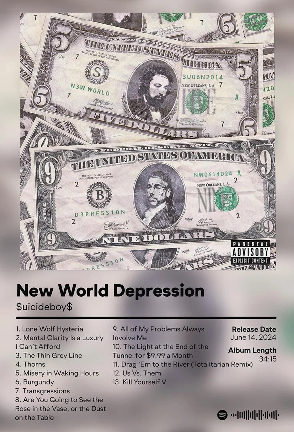 Album cover art featuring a vintage US dollar bill design with text about the New World Depression and song titles.