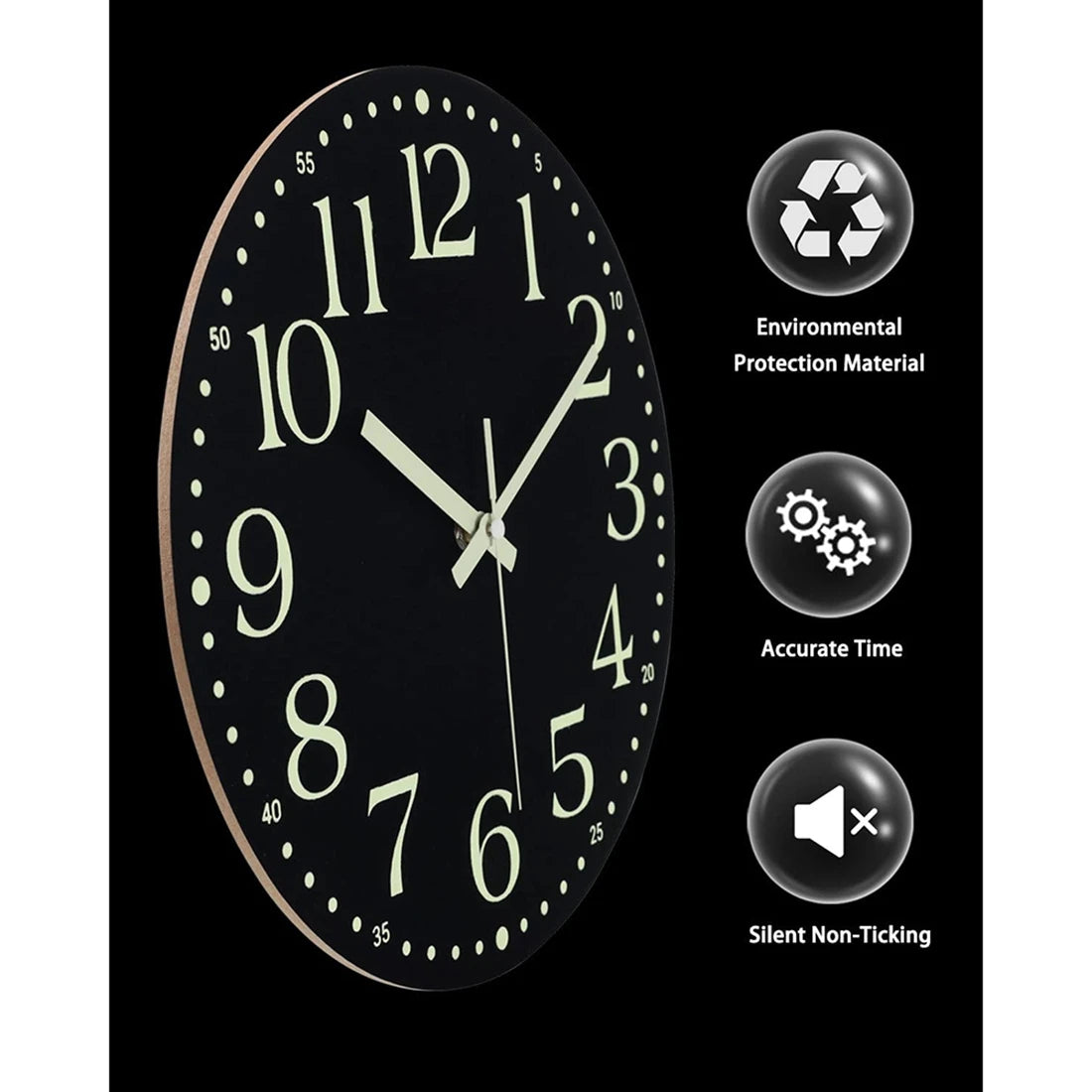 A black round wall clock with gold accents showing the time, featuring environmental protection and accurate time features.