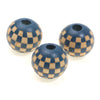Three natural wooden checkered beads with drilled holes, showing blue and tan patterns.