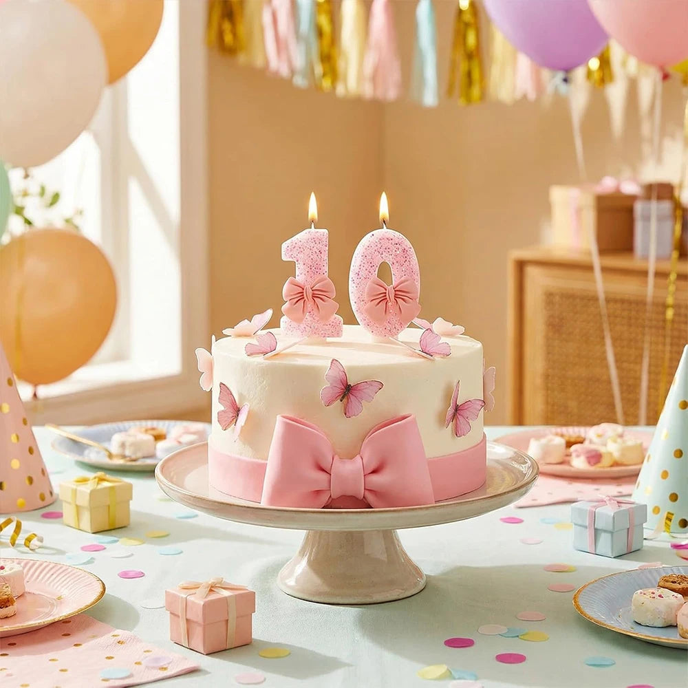 A pink and white glitter number cake decorated with a bow, set on a stand amidst balloons and festive decorations.