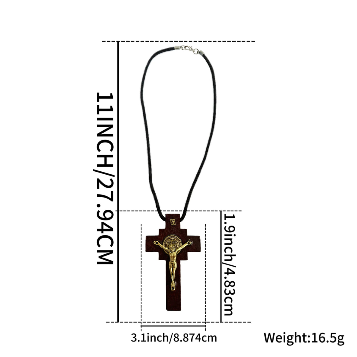 A wooden St. Benedict crucifix with a rearview mirror hanger, measuring 11 inches long and weighing 16.5 grams.