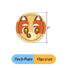A 7 inch plate with a fox face design, shown next to text indicating it is part of a 10 piece set.
