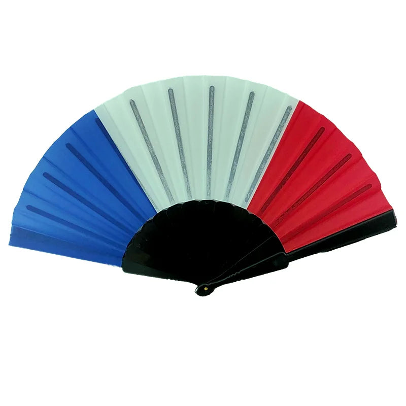 Handheld folding fan with a design featuring the colors of the country flag, including blue, white, and red.