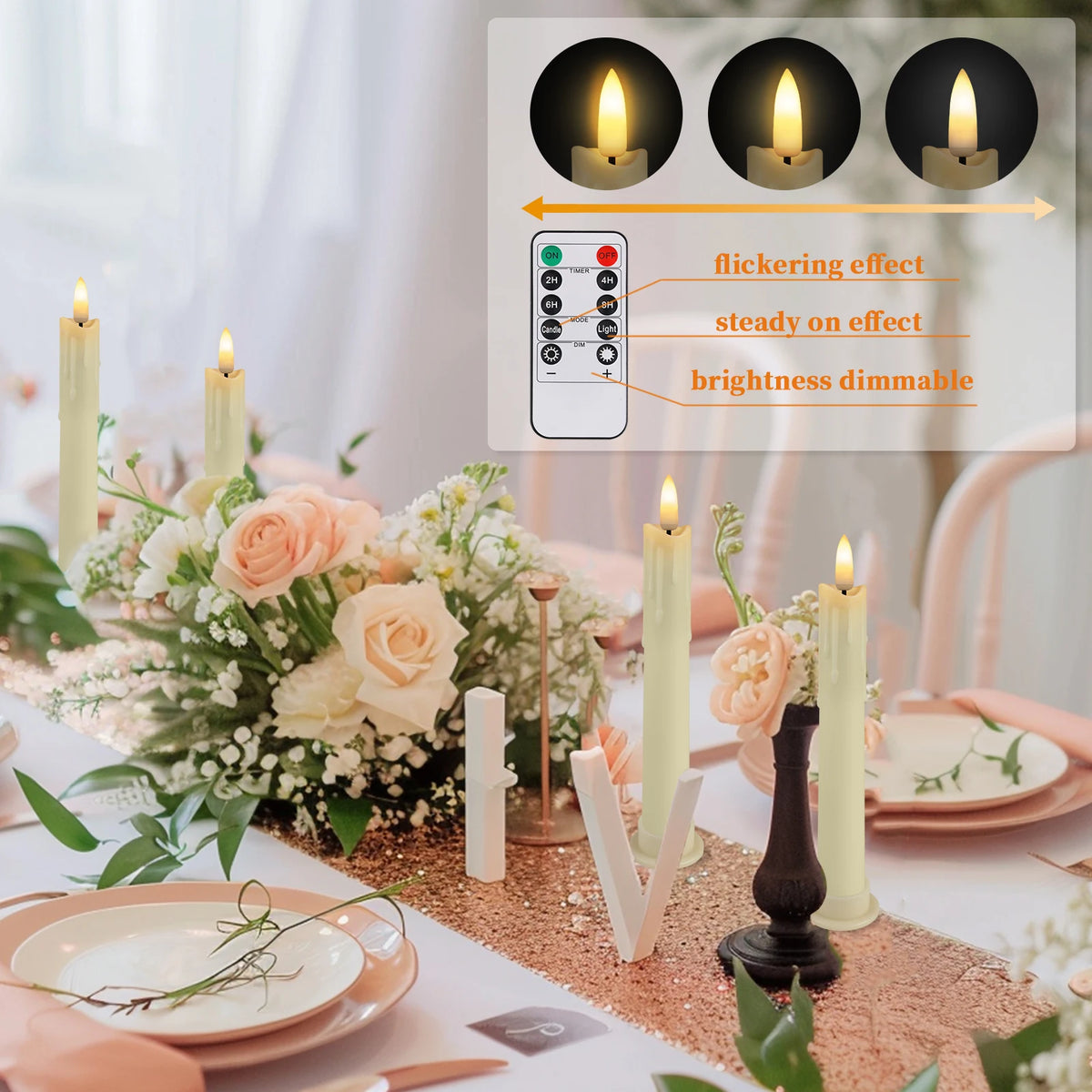 A set of six flimmering LED taper candles displayed on a table setting with flowers and tableware.