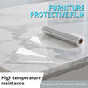 Roll of transparent PVC furniture protective film demonstrating high temperature resistance and scratch-proof properties.