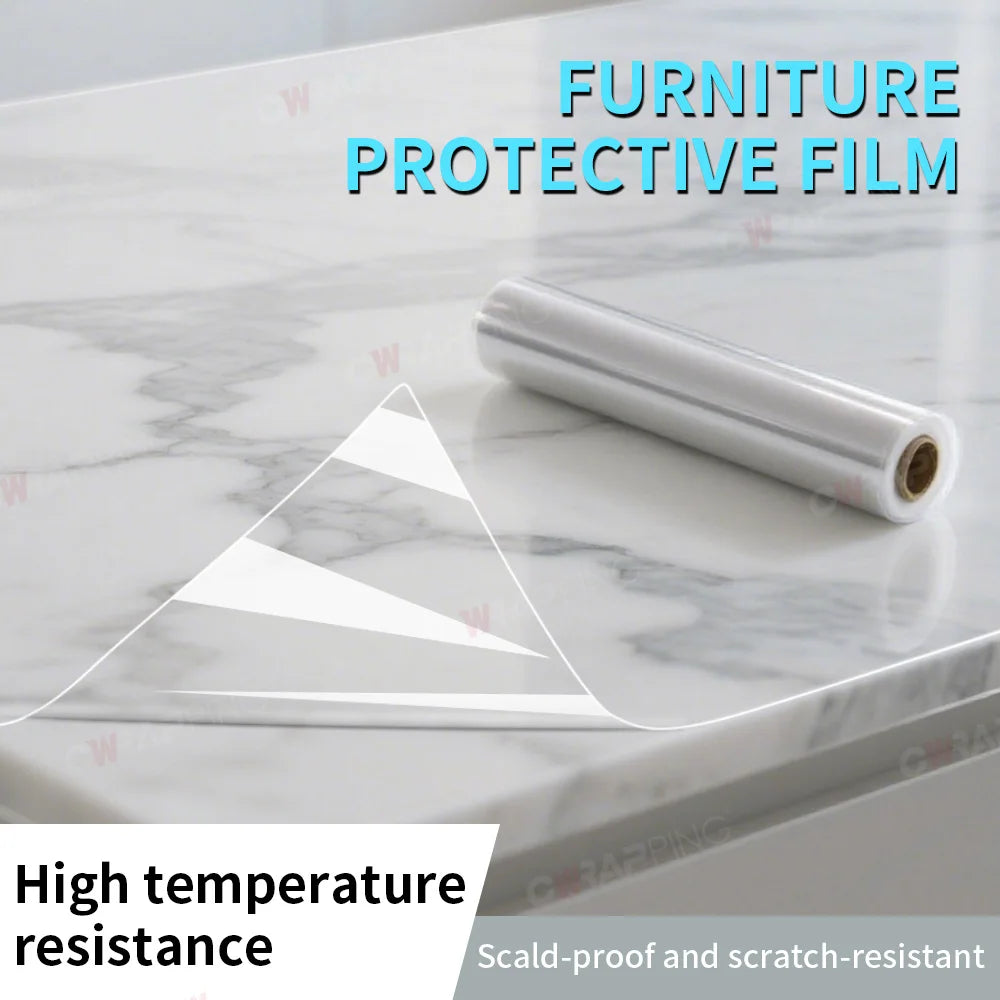 Roll of transparent PVC furniture protective film demonstrating high temperature resistance and scratch-proof properties.