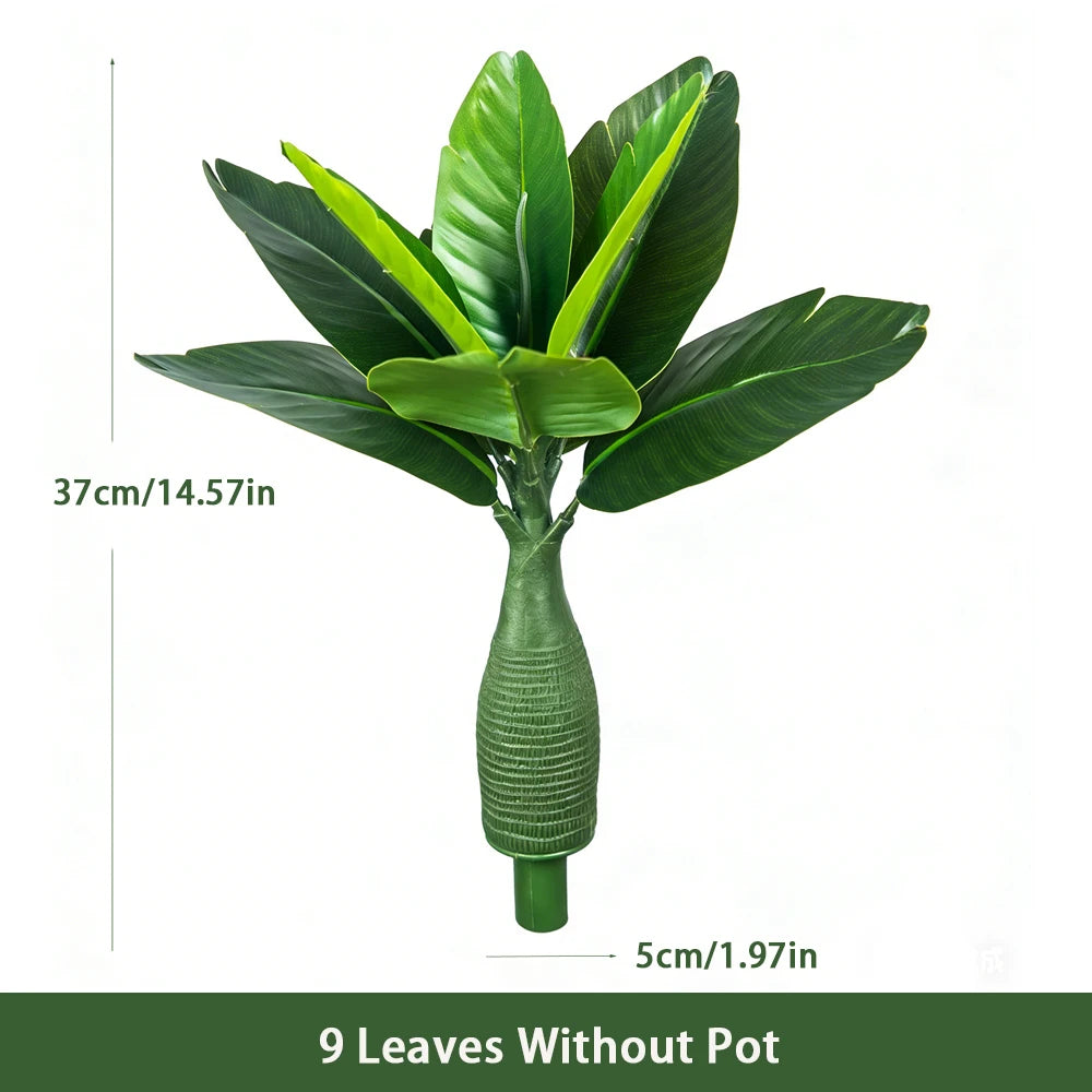 Árbol de banana artificial con 9 hojas verdes sin maceta, mostrando dimensiones de 37 cm/14.57 in y 5 cm/1.97 in.