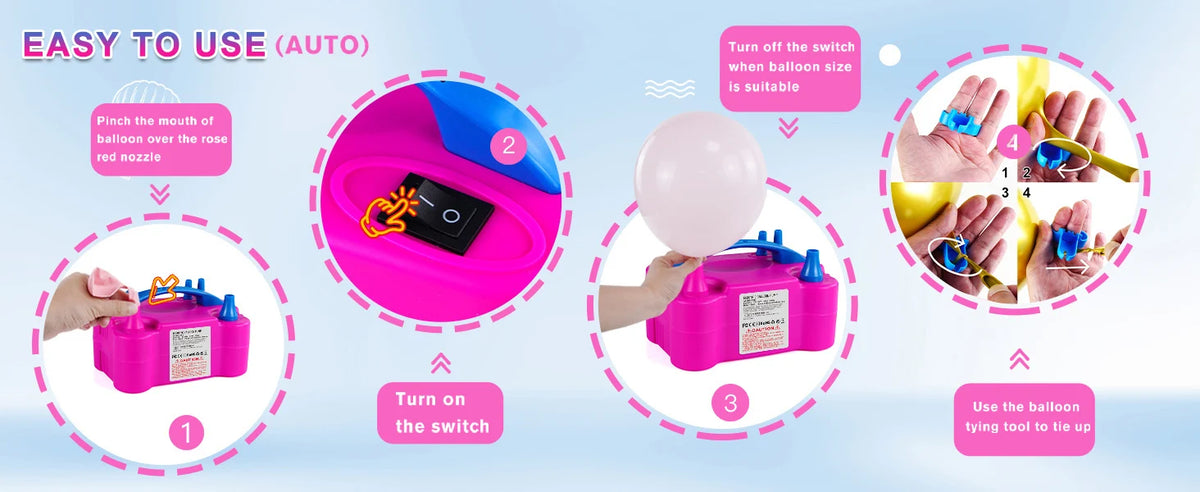 Diagram showing the steps to use a portable electric balloon inflator, including turning on the switch and using the tool to 