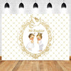 A white photography backdrop featuring a gold bird wreath design with two baby figures and the text Mi Bautizo.