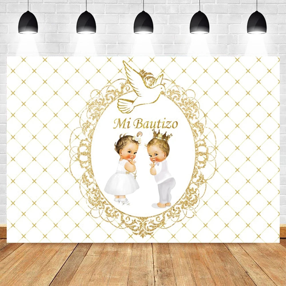 A white photography backdrop featuring a gold bird wreath design with two baby figures and the text Mi Bautizo.