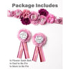 A package of pink floral maternity sash belts and pins for a baby shower
