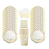 A set of elegant white and gold polka dot disposable party tableware including plates and cups.