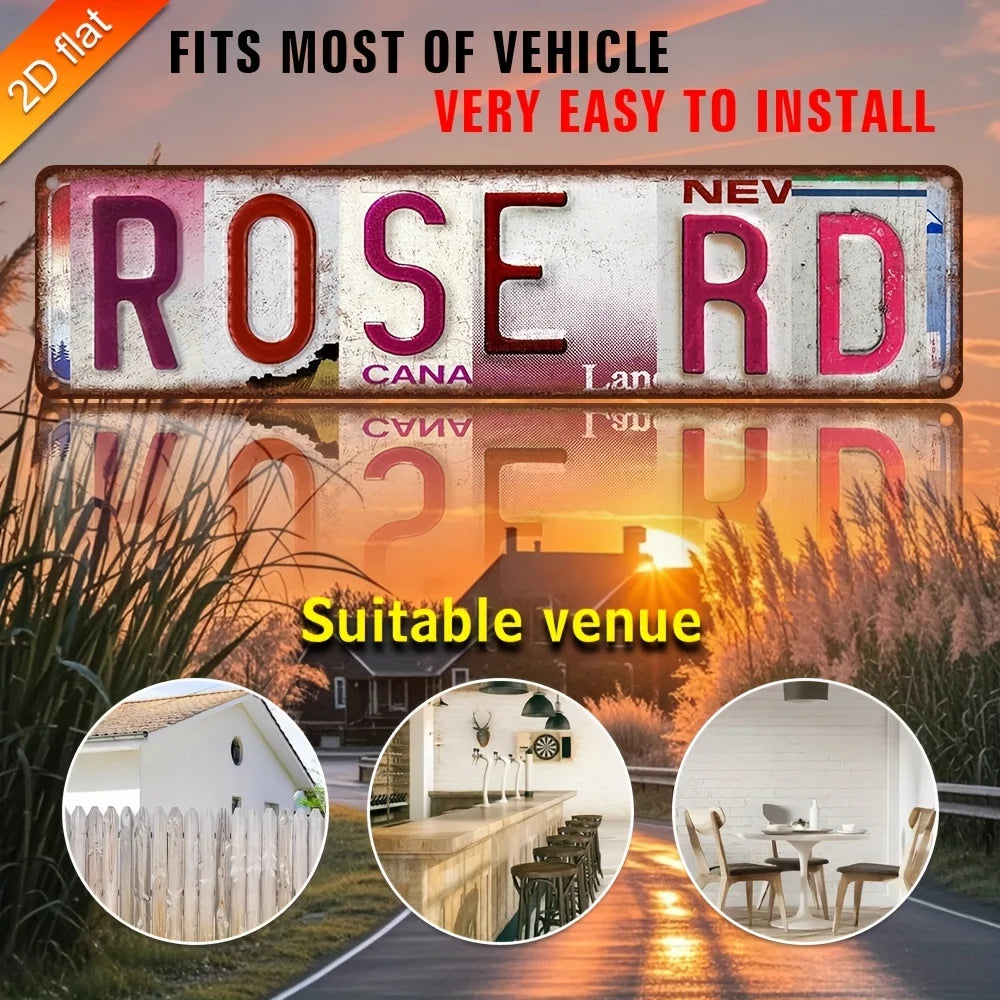 Vintage Retro Metallwand-Schild mit den Aufschriften ROSE RD und NEW CANA, geeignet für die Fahrzeugmontage.