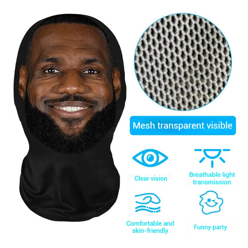 A black mesh face mask worn by a man with a beard, highlighting clear vision and skin-friendly comfort.