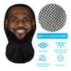 A black mesh face mask worn by a man with a beard, highlighting clear vision and skin-friendly comfort.