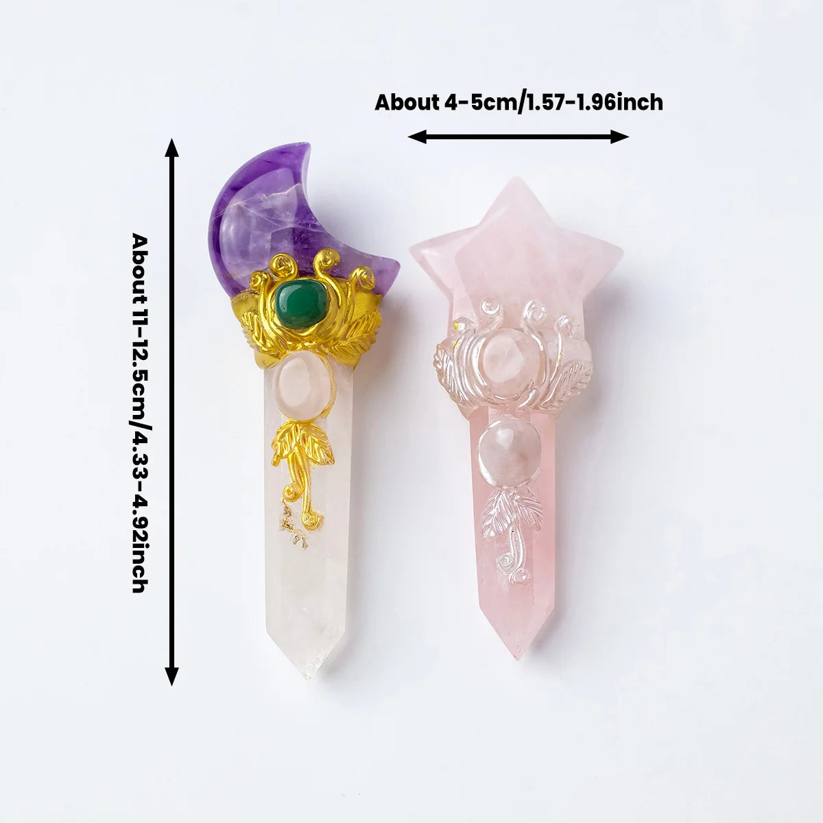 A purple crystal wand with a green charm and a pink crystal wand featuring a pearl and floral design.