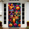 A vibrant sugar skull dia de los muertos door cover featuring colorful skulls and floral designs.