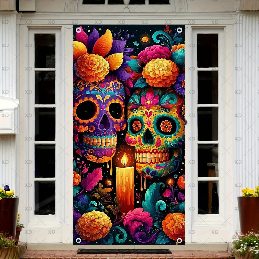 A vibrant sugar skull dia de los muertos door cover featuring colorful skulls and floral designs.