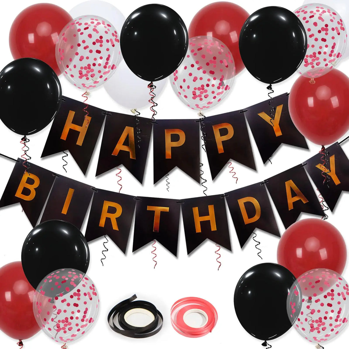 A set of black and gold birthday party decorations including balloons and banner flags