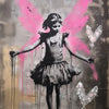 Banksy style wall art featuring a silhouette of a girl with pink wings and dripping paint on a canvas.